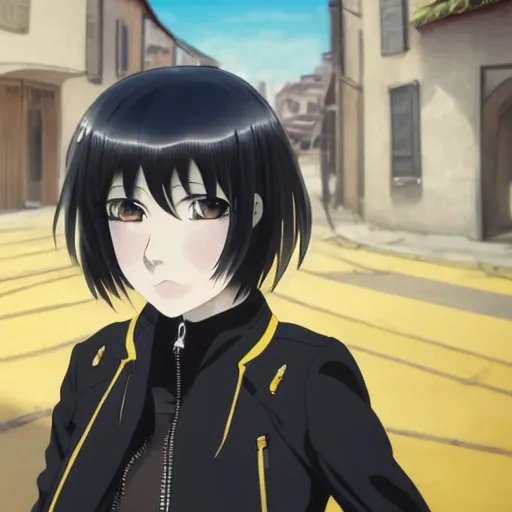 Image similar to 1 7 - year - old pale - skinned anime girl with black long bob cut, long bangs, black gothic jacket, black jeans, running through italian town, yellow sunshine, sepia sun, strong lighting, strong shadows, vivid hues, ultra - realistic, sharp details, subsurface scattering, intricate details, hd anime, 2 0 1 9 anime