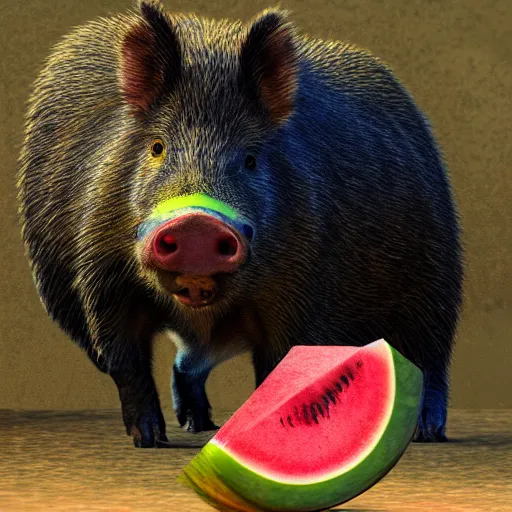 Prompt: Photorealistic boar that's textured and colored like a watermelon, Hyperdetailed, 108 megapixels, artstation concept art