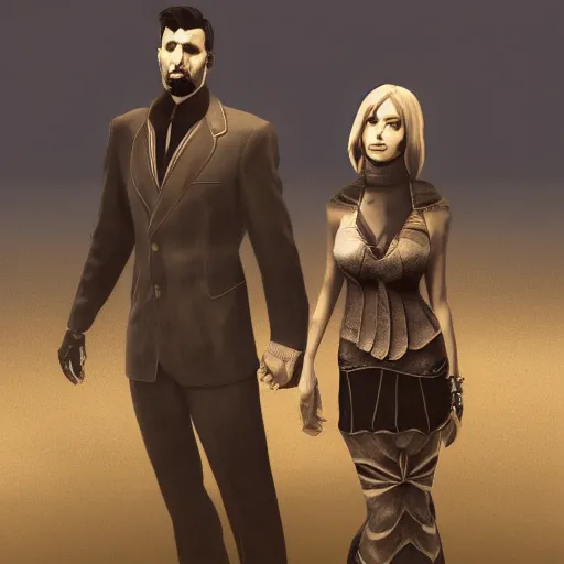 Prompt: a man and a woman standing next to each other, a screenshot by The Mazeking, deviantart, international gothic, xbox 360 graphics, dynamic pose, playstation 5 screenshot,