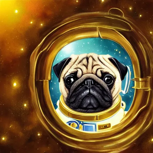 Image similar to golden - ration, gif, high - resolution, pencil art, colorized, extra - detailed, 8 k - resolution, pug astronaut, opening door, in space that leads into the universe