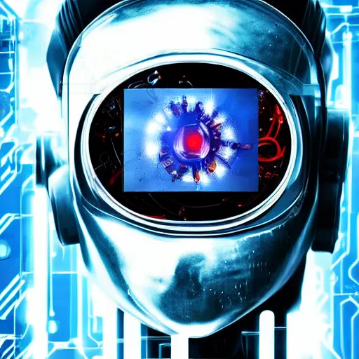 Image similar to Beautiful Photo of Arduino Uno in the robot's head. Cyberpunk. splatterpunk. 4K