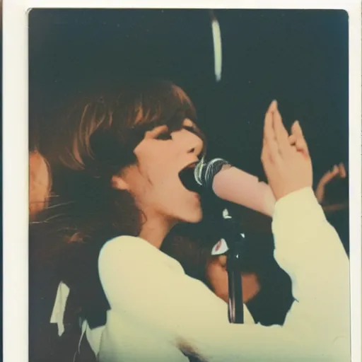 Image similar to polaroid photo of singer singing in an japan 1 9 8 0 pop concert, focus on the stage, photo by louise dahl - wolfe, color photo, colored