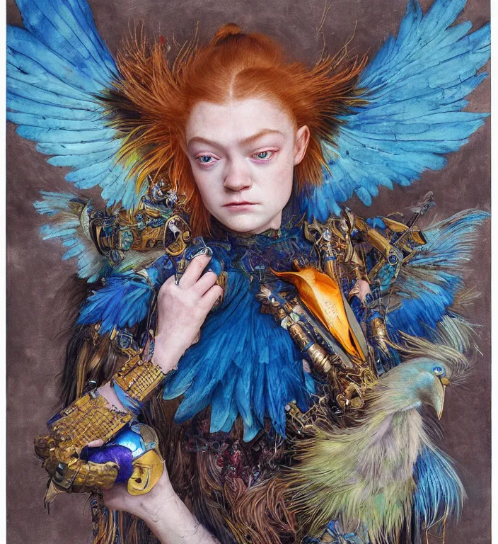 Image similar to a portrait photograph of a meditating fierce sadie sink as a colorful harpy bird super hero with blue mutated skin. she has animal skin grafts and cyborg body modifications and implants. by donato giancola, hans holbein, walton ford, gaston bussiere, peter mohrbacher and brian froud. 8 k, cgsociety, fashion editorial