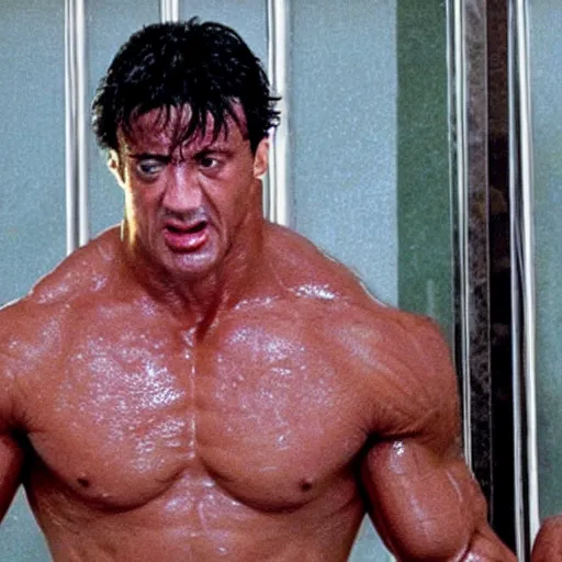 Prompt: movie still from the movie The Rock (1996), rendering of sylvester stallone in the shower room scene, cinematic,