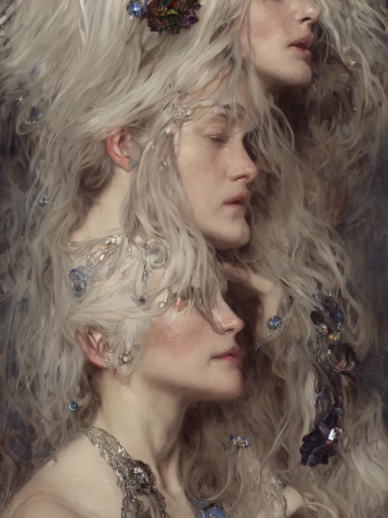 Image similar to a highly detailed beautiful white haired woman, adorned with precious stones, intricate line drawings by jeremy mann and alphonse mucha, 8 k resolution, trending on artstation, very very detailed, masterpiece, stunning,