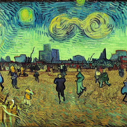 Image similar to a giant triangular dumpling with meat in the center eats people in the city of the future, people run and scream, by van gogh, realism, futurism