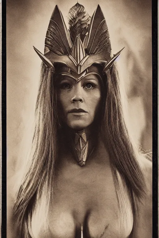 Image similar to she - ra, portrait, full body, symmetrical features, silver iodide, 1 8 8 0 photograph, sepia tone, aged paper, sergio leone, master prime lenses, cinematic