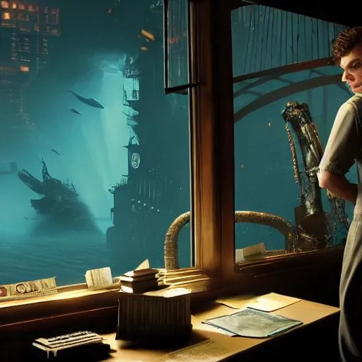 Image similar to a highly detailed cinematic photo from a live - action bioshock movie. andrew ryan, portrayed by evan peters, is shown standing in a 1 9 3 0's office with a large desk in front of an immense floor - to - ceiling window looking out into the underwater city of rapture. sea life including a blue whale is shown outside of the window