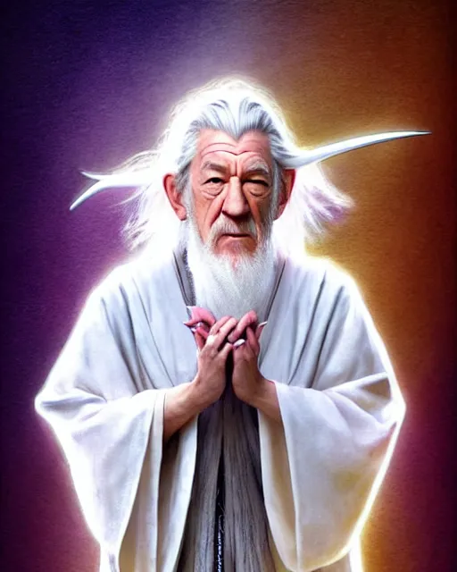 Image similar to portrait Anime joyful Gandalf Ian McKellen; White robe with wooden wizard staff, elven background || cute-fine-face, pretty face, realistic shaded Perfect face, fine details. Anime. realistic shaded lighting by katsuhiro otomo ghost-in-the-shell, magali villeneuve, artgerm, Jeremy Lipkin and Michael Garmash and Rob Rey Ilya Kuvshinov