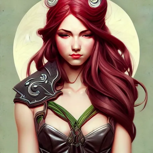 Image similar to head and shoulders portrait of Katarina from League of Legends illustration, medium shot, intricate, elegant, highly detailed, digital art, ffffound, art by JC Leyendecker and sachin teng