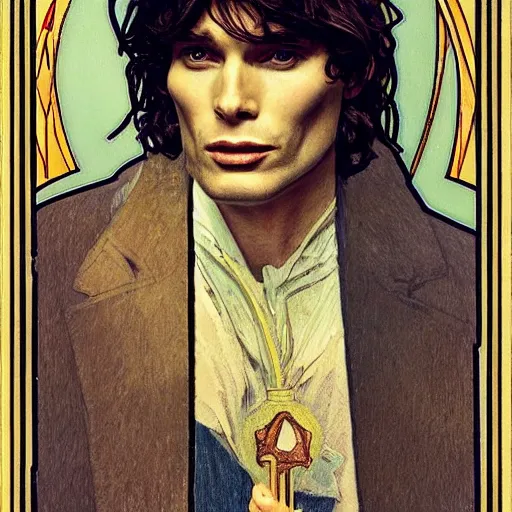 Image similar to cillian murphy portrait by louis - theophile hingre and alphonse mucha, realistic, sharp focus, zodiac signs, tarot cards, planets, ethereal, art nouveau, magic, moon, sun, crown, dreamy, royal, jewellery