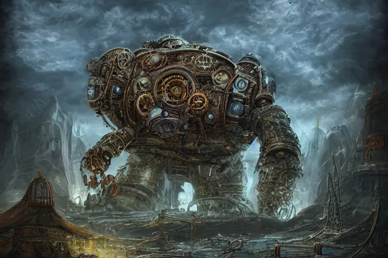 Prompt: highly detailed elden ring portrait photo of a huge steampunk golurk. a massive spaceship in the background in a scenic megalophobic dystopian environment, hyperrealistic illustration by william didier - pouget