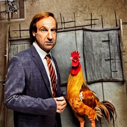 Prompt: saul goodman and a rooster in a medieval torture chamber, scary torture devices in the background, horror movie, saul goodman, rooster, real life photo