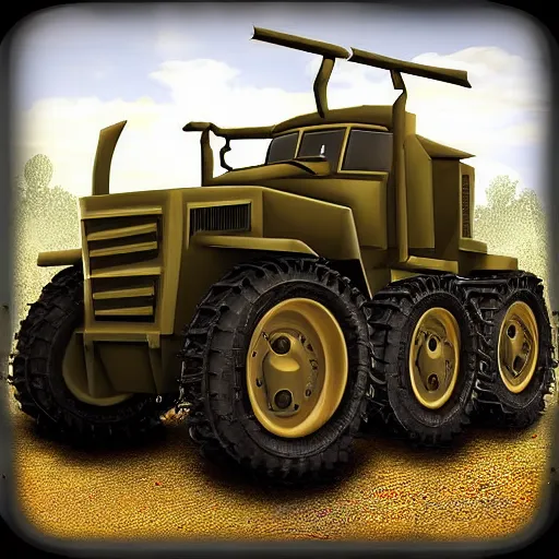 Prompt: armored! battle tractor! with plow! and weapons!, realistic, detailed, military