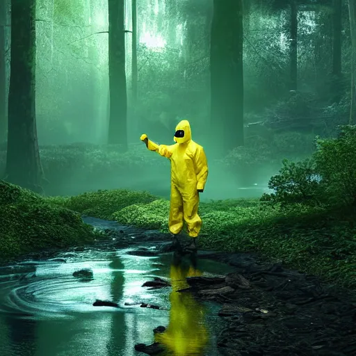 Image similar to a man in a yellow hazmat suit stands in a detailed forest and pours glowing green liquid into a magical river, photorealistic painting, concept art, rendering, octane, redshift, cinematic composition, volumetric lighting