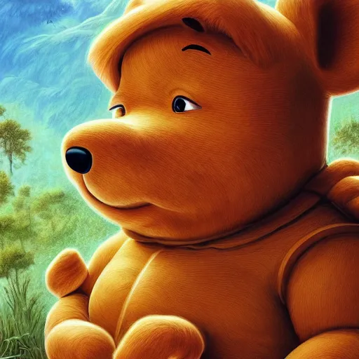 Image similar to clear portrait of xi jiping as winnie the poo, cottagecore!!, detroit hood background hyper detailed, character concept, full body, dynamic pose, elegant, intricate, highly detailed, digital painting, artstation, concept art, smooth, sharp focus, illustration, art by artgerm and greg rutkowski and alphonse mucha