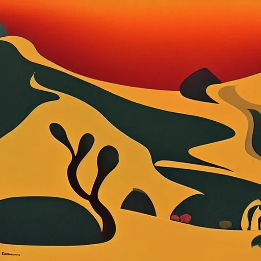 Image similar to eyvind earle desert creatures game