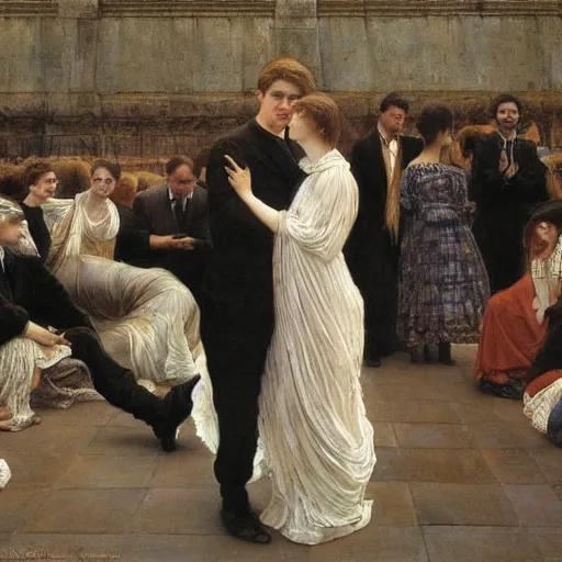 Prompt: rich, lines by albert joseph moore, by ettore tito lomography. a beautiful installation art of a man & a woman in a passionate embrace. the woman is wearing a white dress & the man is wearing a black suit. they are surrounded by a crowd of people who are cheering & clapping.