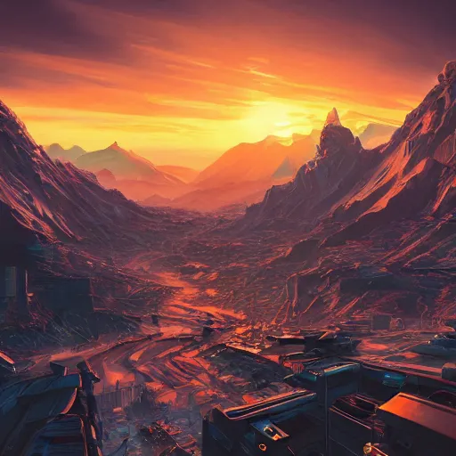 Image similar to beautiful sunset over detailed cyberpunk suburb in a valley surrounded by epic mountains with snowtops, sharp, highly detailed, hyperrealistic, kacper niepokolczycki, artgerm, syd mead, 4 k, perfect geometry