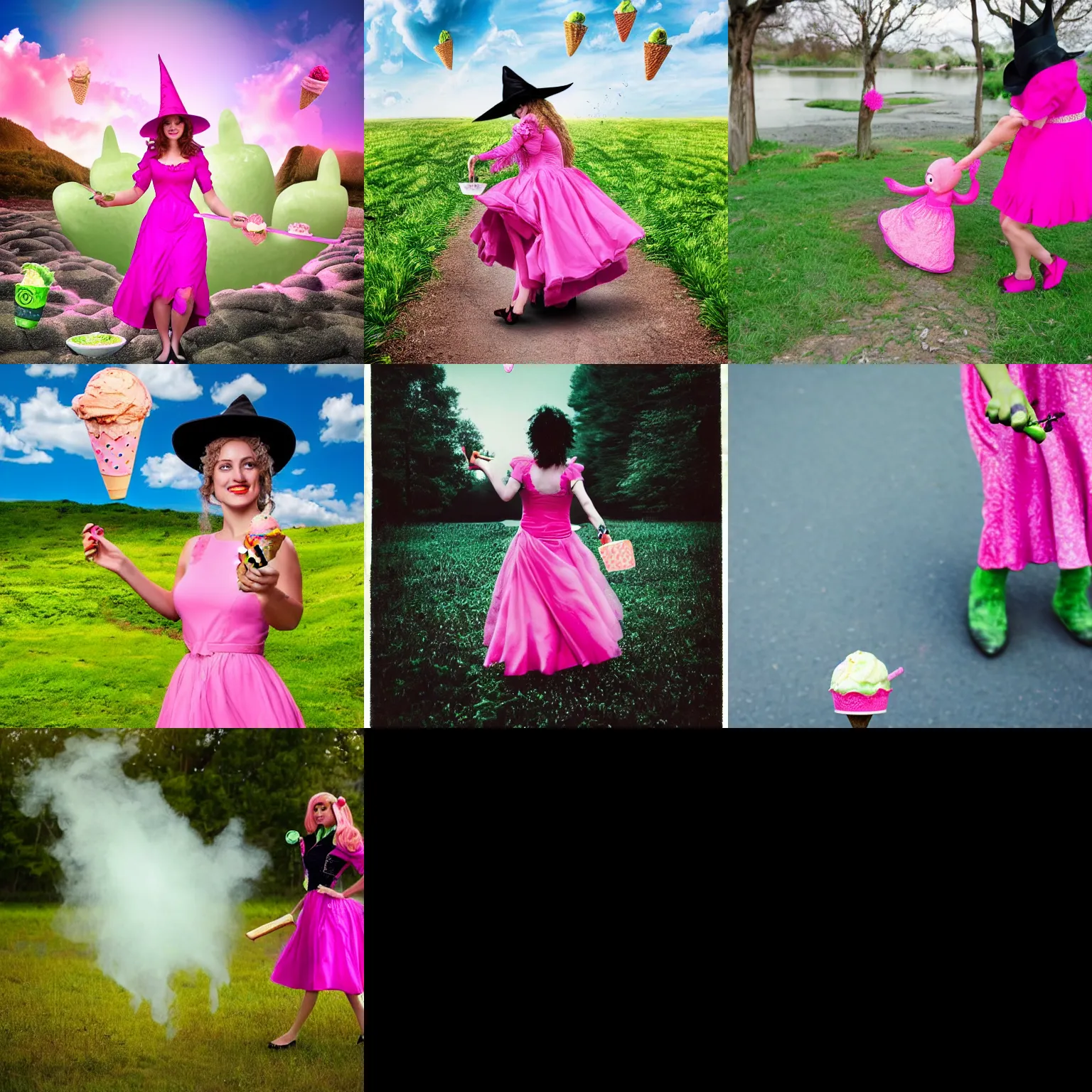 Prompt: a witch, dressed in a pink dress, with a ice cream, is walking in a green cornfire, award winning photo