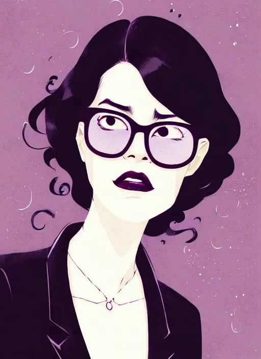 Prompt: highly detailed closeup portrait of cool black hair shaggy, long hair glasses woman, wavy hair, black suit by atey ghailan, by greg rutkowski, by greg tocchini, by james gilleard, by joe fenton, by kaethe butcher, gradient dark purple, galaxy, black and white color scheme, grunge aesthetic