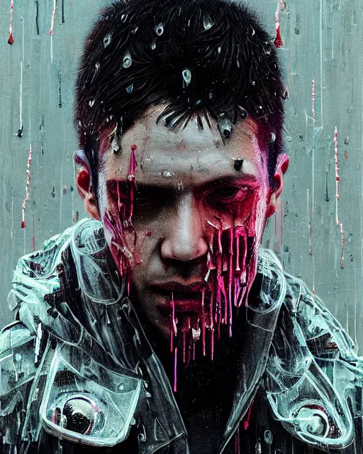 Prompt: detailed portrait, corrupt, virus, zombie, rain, cyberpunk futuristic neon, reflective puffy coat, decorated with traditional japanese ornaments by ismail inceoglu dragan bibin hans thoma greg rutkowski alexandros pyromallis nekro rene maritte illustrated, perfect face, fine details, realistic shaded, fine - face, pretty face