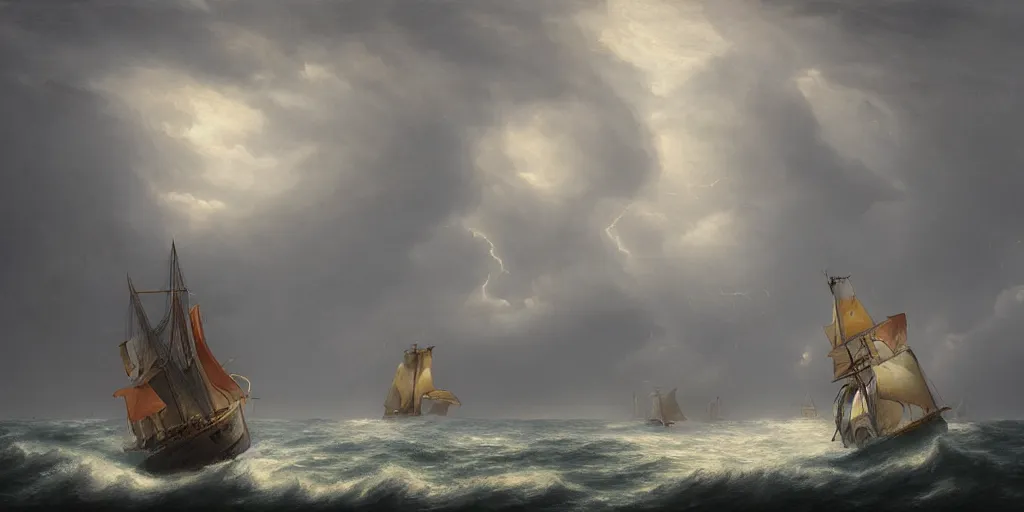 Prompt: a sail powered pirateship sailing through a powerful lighting storm, cliffs can be seen in the background, in the style of hudson river school, trending on art station, done in all blues