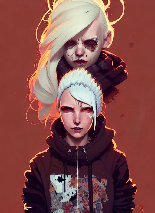 Image similar to highly detailed portrait of a sewer punk canadian lady, tartan hoody, white hair by atey ghailan, by greg rutkowski, by greg tocchini, by james gilleard, by joe fenton, by kaethe butcher, gradient red, brown, blonde cream and white color scheme, grunge aesthetic!!! ( ( graffiti tag wall background ) )