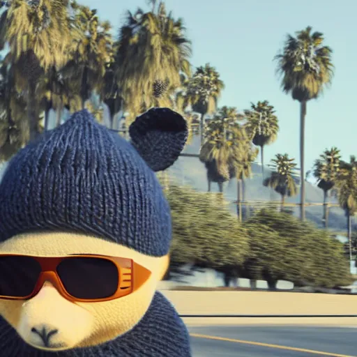 Prompt: a photorealistic photograph of a knitted cute Capybara wearing sunglasses and dressed in a beanie cap in addition to riding on a blue motorcycle in Hollywood at dusk. Palm trees in the background. This 4K HD image is Trending on Artstation, featured on Behance, well-rendered, extra crisp, features intricate detail and the style of Unreal Engine.