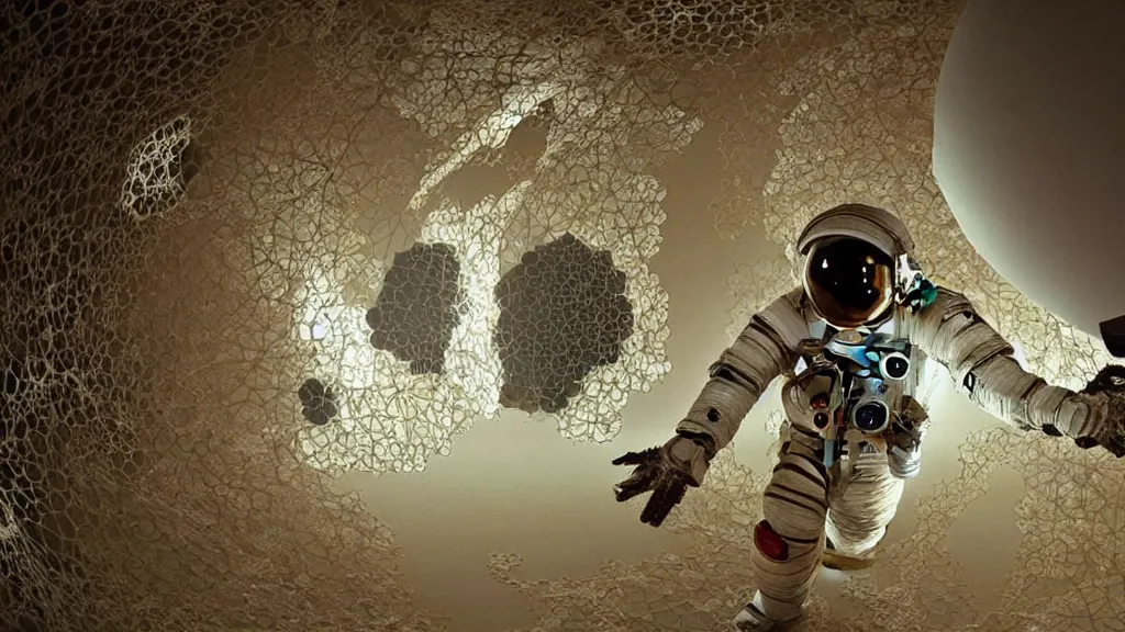 Image similar to a single astronaut eva suit covered in diamond 3d fractal lace iridescent bubble 3d skin and covered with insectoid compound eye camera lenses floats through the living room, film still from the movie directed by Denis Villeneuve with art direction by Salvador Dalí, wide lens,