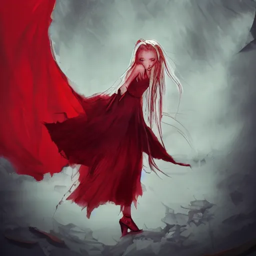 Prompt: the fall of a super sad and with extrem anger filled demon girl in hell with a dark red dress,!!! full dressed!!! oppressive and dark amotsphere with many shadows, blood and dark red highlights, concept fullbody horror art by aleksandra waliszewska and aoi ogata