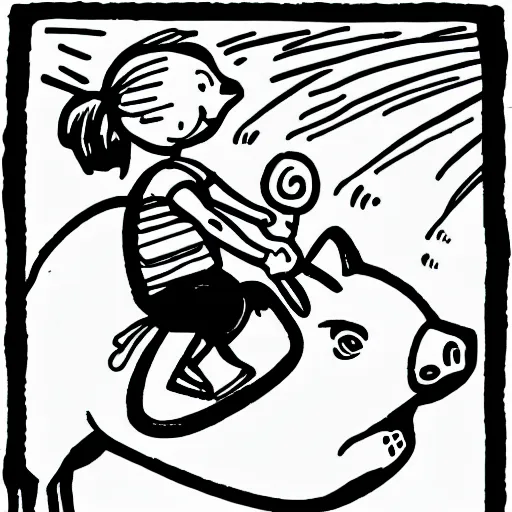 Image similar to small young boy riding large fat pig, black and white, comic book style, line art