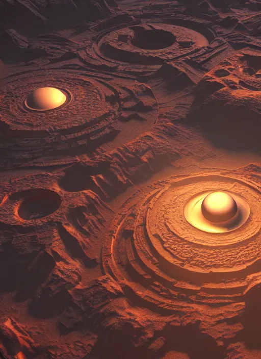 Image similar to isometric view of a planet surface with ancient structures, swirling platforms, multiple levels, unreal engine, Arnold render, octane render, moody, night, highly detailed, volumetric lighting, glow