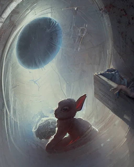 Image similar to a highly detailed epic cinematic concept art CG render digital painting artwork: rabbit hole. By Greg Rutkowski, in the style of Francis Bacon and Syd Mead and Norman Rockwell and Beksinski, open ceiling, highly detailed, painted by Francis Bacon and Edward Hopper, painted by James Gilleard, surrealism, airbrush, Ilya Kuvshinov, WLOP, Stanley Artgerm, very coherent, triadic color scheme, art by Takato Yamamoto and James Jean