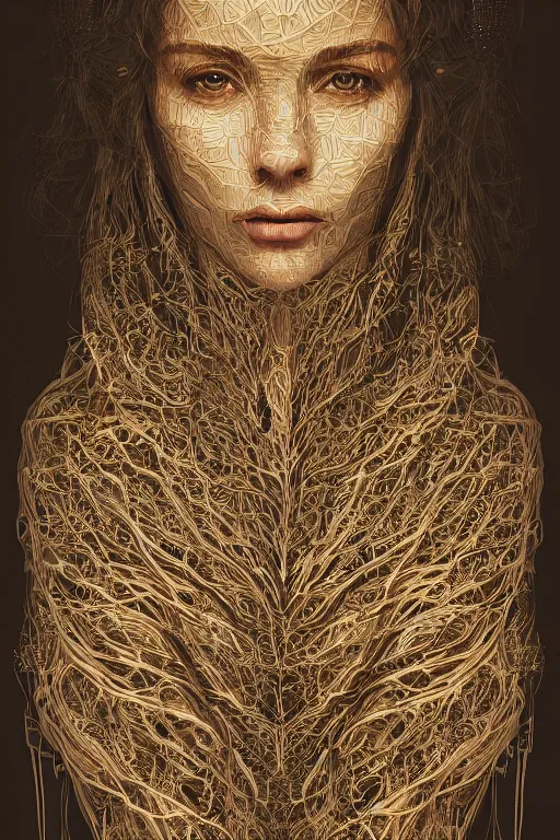 Image similar to portrait of a beautiful woman covered in intricate vails of human bones, dramatic lighting, artstation