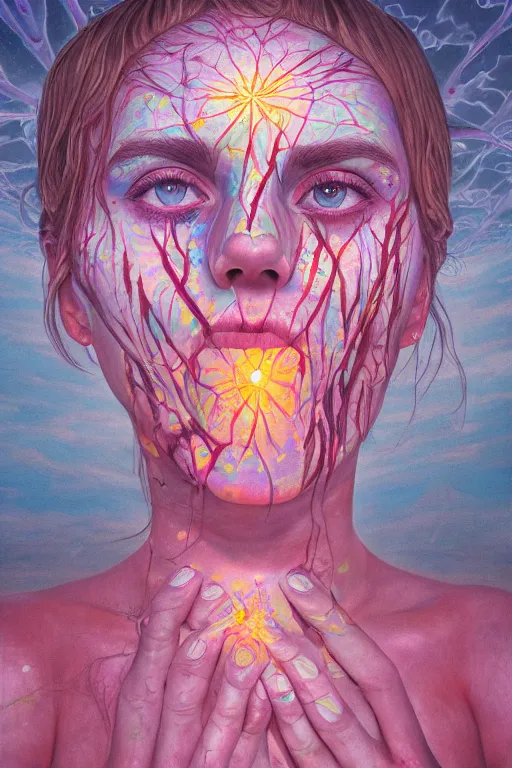 Prompt: acid tripping midsommer girl third eye open, chakra energy waves resonating from her body, ethereal aura, epic surrealism 8k oil painting, portrait, perspective, high definition, post modernist layering, by Sean Yoro, Gerald Brom