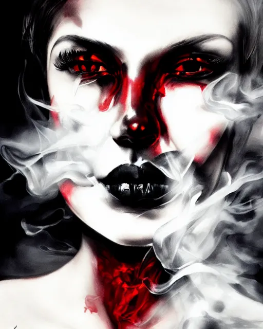 Prompt: molten obsidian cracked ink smoke black red portrait, by artgerm and wlop, tony sart, artstation, radiant light