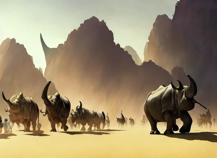 Prompt: the big large expedition with a crowd of adventurers being brought by gigantic rhinos carrying stuff towards the desert of duhnes medium shot, studio ghibli animation, anime key art by craig mullins, bloom, dramatic lighting