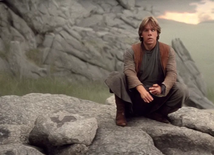 Image similar to screenshot of Luke Skywalker using the force to make rocks float around him, sitting outside on the rocky jedi temple, famous scene from the last jedi, 1980s film directed by Stanley Kubrick cinematic lighting, kodak, moody cinematography, with anamorphic lenses, crisp, detailed portrait, 4k image