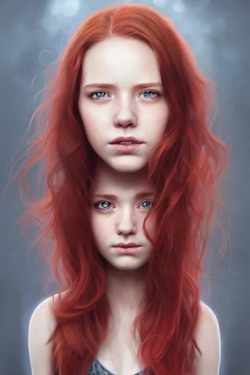 Image similar to ultra realistic style illustration of a cute red haired young woman with a smirky face, 1 9 year old, headshot, sci - fi, fantasy, intricate, elegant, digital painting, artstation, concept art, smooth, sharp focus, illustration, 8 k frostbite 3 engine, ultra detailed, art by artgerm and greg rutkowski and magali villeneuve