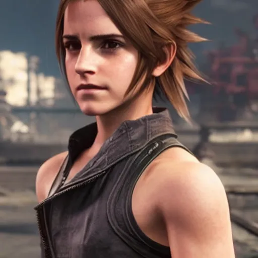 Image similar to emma watson in final fantasy vii remake, hair in a ponytail, character render, full body shot, highly detailed, in game render