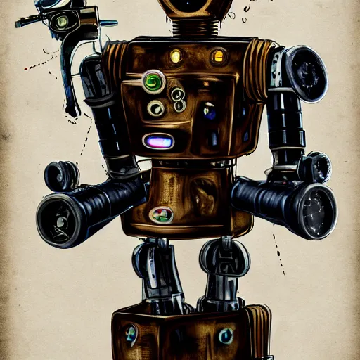 Prompt: a portrait of a robot holding a revolver, steampunk, holographic