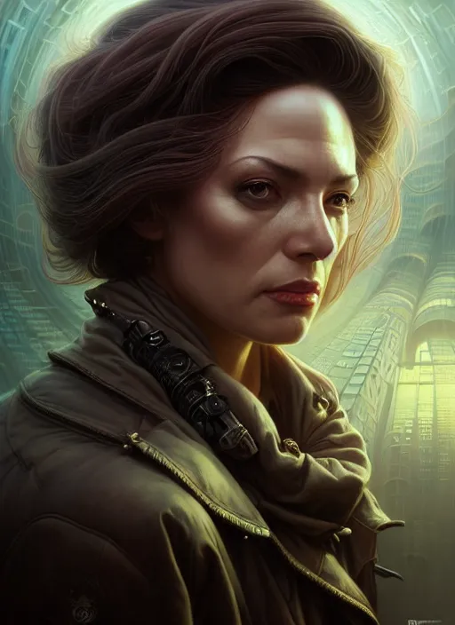 Image similar to closeup portrait shot of a female detective in a scenic cyberpunk mystery environment, intricate, elegant, highly detailed, centered, digital painting, artstation, concept art, smooth, sharp focus, illustration, artgerm, tomasz alen kopera, peter mohrbacher, donato giancola, joseph christian leyendecker, wlop, boris vallejo