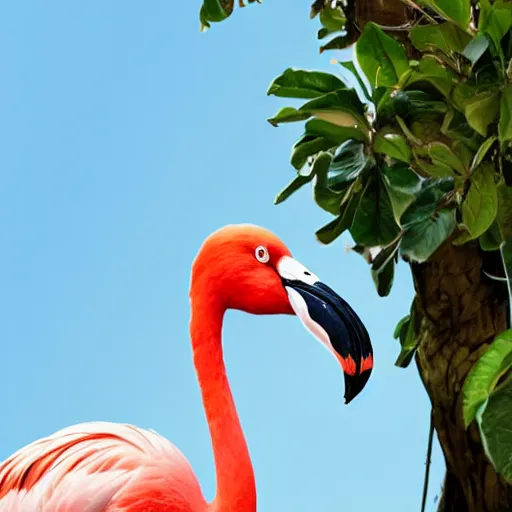 Image similar to A flamingo with big muscular arms eating an apple, photography, realistic