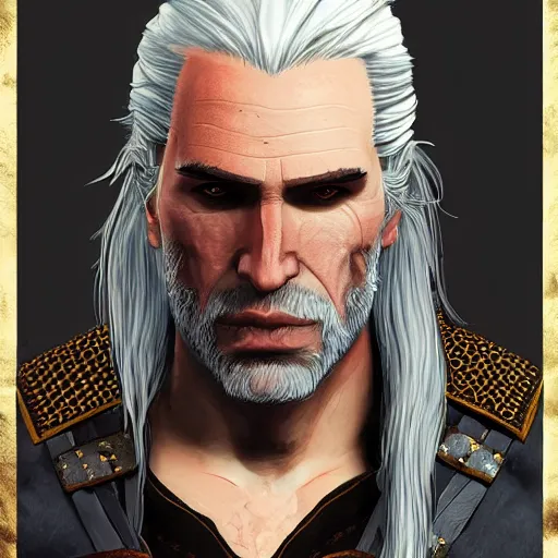 Image similar to portrait of geralt of rivia from the witcher 3, baroque style, elegant, beautiful, mesmerizing, concept art, fancy clothing, highly detailed, artstation, behance, deviantart, inspired by innocent manga, inspired by castlevania concept art, trending, ayami kojima, shinichi sakamoto