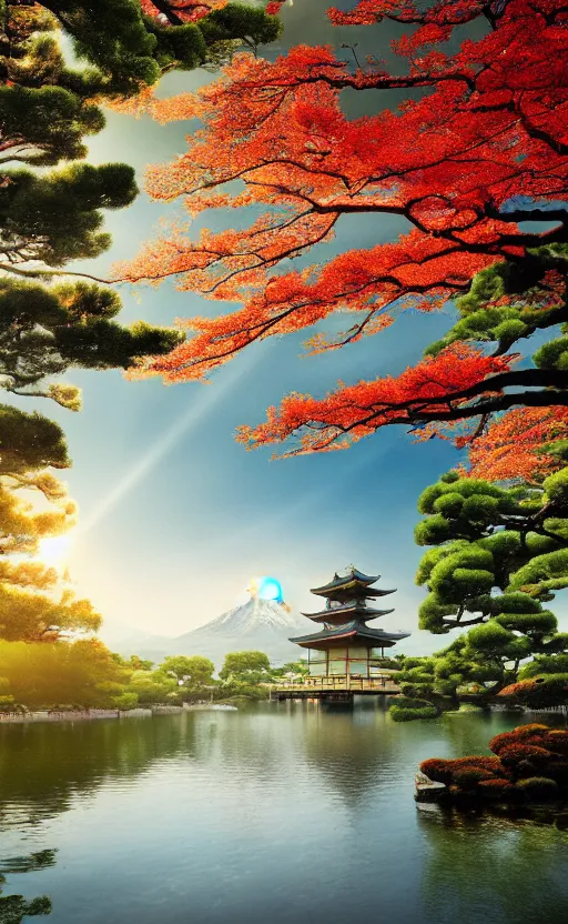 Image similar to japanese inspired poster, beautiful japanese architecture and nature, japanese beautiful aesthetic, photorealistic, lake, light rays theough the trees, 8 k image