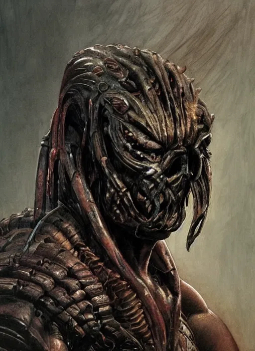 Image similar to Predator with four mandibles, portrait face, from the movie Predator 1987, moody dynamic lighting, very very intricate, very very elegant, highly detailed, digital painting, artstation, Hieronymus Bosch, Francis Bacon, concept art, smooth, very beautiful, sharp focus, illustration, art by artgerm and greg rutkowski and alphonse mucha