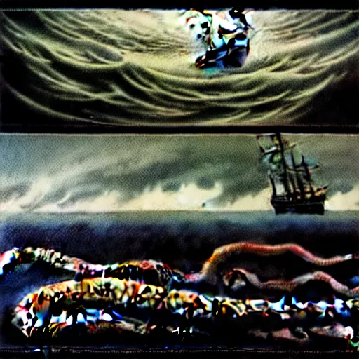 Image similar to a highly detailed hyperrealistic scene of a ship being attacked by giant squid tentacles, ultra realistic, jellyfish, squid attack, dark, voluminous clouds, thunder, stormy seas, pirate ship, dark, high contrast, yoji shinkawa, scary, m.c. Escher, highly detailed, brutal, beautiful, octopus arms attacking the ship from the storm, illusion, artgerm