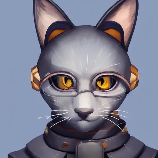 Image similar to Portrait painting an anthropomorphic gray cat wearing a jacket and a collar, as an Overwatch character, medium shot, asymmetrical, profile picture, Organic Painting, sunny day, Matte Painting, bold shapes, hard edges, street art, trending on artstation, by Huang Guangjian and Gil Elvgren and Sachin Teng