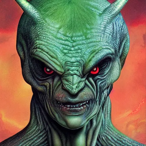 Image similar to realistic alien, medium shot portrait, devil horns,,!!!!! human eyes!!!!!!, green body. red eyes, background flames, by wayne barlowe